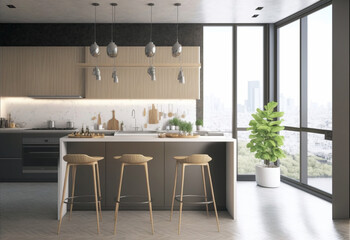 Luxury stylish modern large kitchen interior with furniture and kitchen utensils in an apartment home