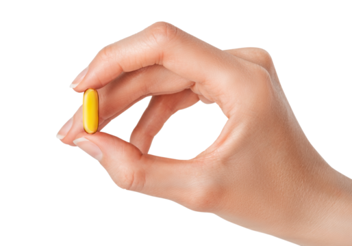 Doctor hand holding Omega 3 capsule isolated on white or transparent background. Fish oil dietary supplement.