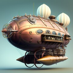 Golden steampunk balloon. Fantasy scene. Generative ai.
