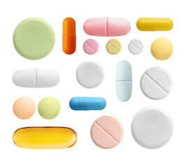 Set of different colourful pills isolated on white or transparent background. Pharmacy, pharmacology, medicine. - obrazy, fototapety, plakaty
