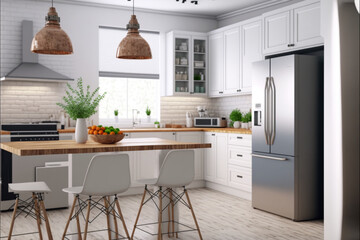 Luxury stylish modern large kitchen interior with furniture and kitchen utensils in an apartment home