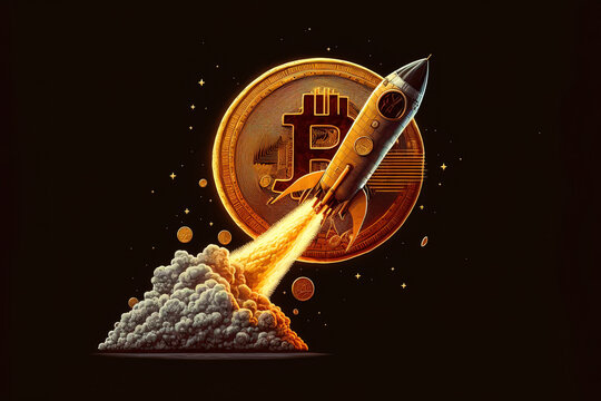 Rocket launcher in the Bitcoin logo represents cryptocurrencies. breaking news and the rising rate of the gold coin for designers. Classic rocket illustration of bitcoin going to the moon. Generative