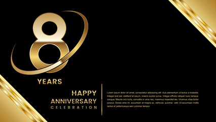 8th Anniversary Celebration. Template design with gold color for anniversary celebration event, invitation, banner, poster, flyer, greeting card. Logo Vector Template Illustration