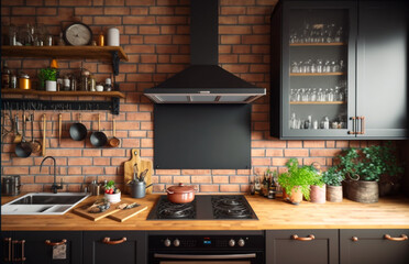 Luxury stylish modern large kitchen interior with furniture and kitchen utensils in an apartment home