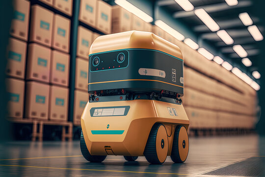 Automated retail warehouse AGV robots delivering cardboard boxes in a distribution logistics center is a futuristic technology concept. Automated Guided Goods, Products, and Packages Vehicles