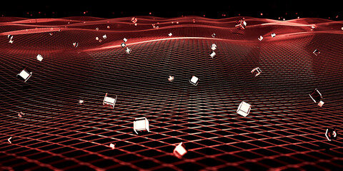 futuristic square net background Abstract digital landscape with flowing particles Mesh structure technology 3D illustration