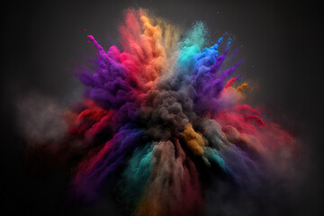 a dark background with an abstract eruption of colourful dust. Multicolored glitter texture, an abstract powder splattered background, and a freeze frame of color powder erupting or being thrown