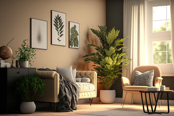 Stylish room interior with comfortable furniture and plant near beige wall. Generative AI