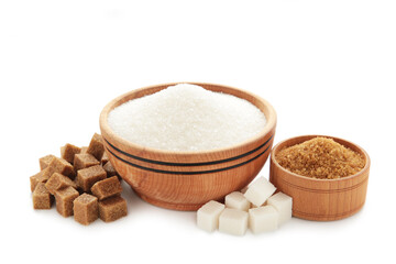 White and brown sugar in wooden bowl isolated on white background.