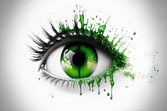 a splashy green human eye on a white background. Generative AI