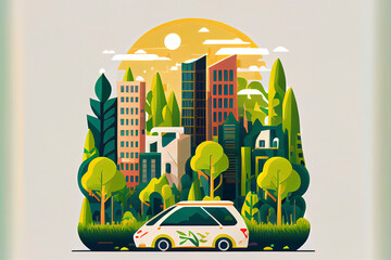 green ecology city with environment car. save the world and energy concept