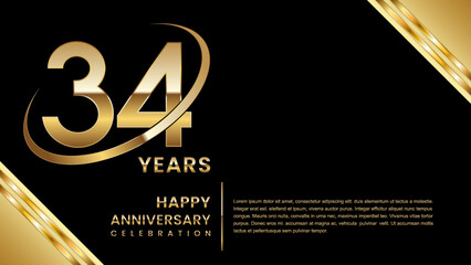 34th Anniversary Celebration. Template design with gold color for anniversary celebration event, invitation, banner, poster, flyer, greeting card. Logo Vector Template Illustration
