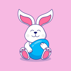 Cute Easter Bunny with a blue egg on a pink background