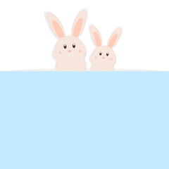 Fototapeta premium Cute Easter bunnies on a white and blue background