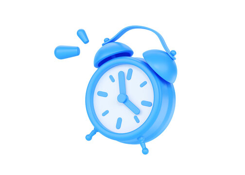 Clock 3d render icon - simple alarm timer concept, blue retro style flying alarmclock and morning awakening illustration