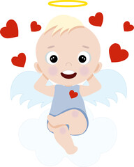 Cute cartoon boy angel on a cloud with hearts. Element for print, postcard and poster isolate on white background. Vector illustration