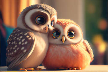 Loving couple of cute owls cuddling and hugging, Valentine's Day. Generative AI