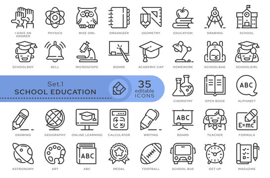 Set of conceptual icons. Vector icons in flat linear style for web sites, applications and other graphic resources. Set from the series - School Education. Editable outline icon.	