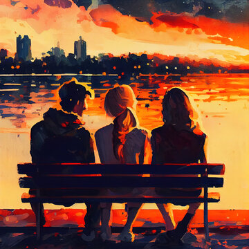 A throuple of young people by the lake enjoying sunset, Valentine's day, impressionism style painting. Generative AI