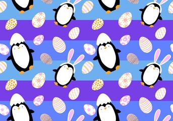 Easter eggs spring seamless animals penguin with rabbit ears cartoon pattern for wrapping paper and fabrics
