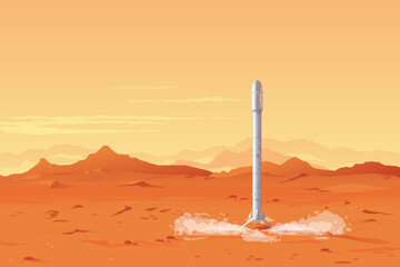 One big metallic rocket landind on the Maps planet, martian landscape with mountains and orange sky, sand hills with stones on a deserted planet, colonization concept illustration background © Oceloti