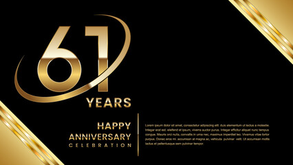61th Anniversary Celebration. Template design with gold color for anniversary celebration event, invitation, banner, poster, flyer, greeting card. Logo Vector Template Illustration