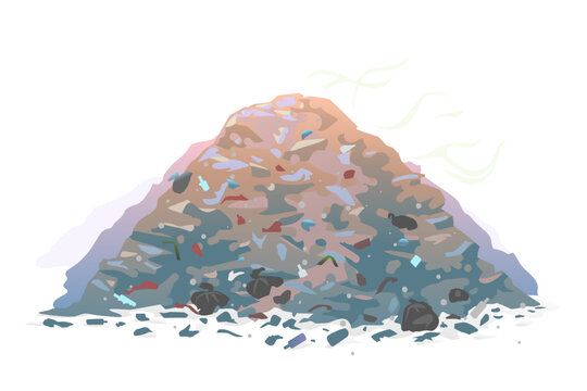 One big garage dump with mountains of trash and waste bags with an unpleasant smell, isolated on white, environmental pollution