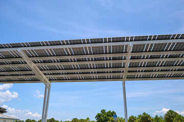 Solar panels installed over parking lot canopy shade for parked cars for effective generation of clean energy