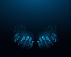 Two human hands. Wireframe glowing low poly hands. Design on dark blue background. Abstract futuristic vector illustration