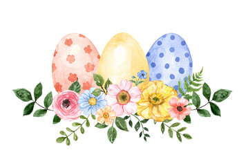 Easter Eggs and flowers wreath. Watercolor floral arrangement. Holiday-themed design. Spring bouquet illustration. - 560465358