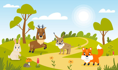 Obraz na płótnie Canvas Cartoon animals in forest clearing