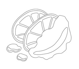 Outline of two round slices of orange half covered in chocolate. Vector illustration on a white background