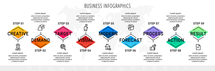Infographics with 9 rhombus. Business elements are placed in horizontal row. Modern concept with nine successive steps for project progress. Flat design template. Vector illustration.