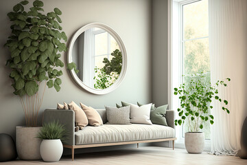Interior of light living room with comfortable sofa, houseplants and mirror near light wall. Generative AI - obrazy, fototapety, plakaty