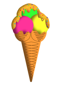 cornet de trois boules de glace &agrave; trois parfums diff&eacute;rents avec un coulis de cr&egrave;me