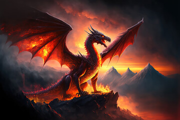 Fire breathes explode from a giant dragon in a black night, the epic battle evil concept art (ai generated) © ImagineDesign