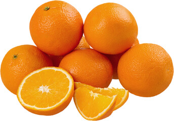 Sliced and whole oranges on white background