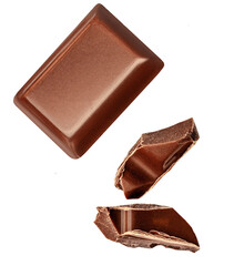 Dark milk chocolate chunks isolated on white background. Broken smooth Chocolate pieces closeup.