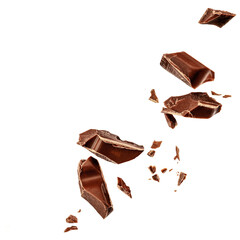  Levitating milk chocolate chunks isolated on white background. Flying Chocolate pieces, shavings and cocoa crumbs Top view. Flat lay. - 560466977