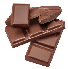 Dark chocolate chunks isolated on white background. Broken Chocolate pieces closeup.