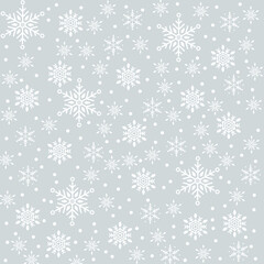 Winter Snowflakes Seamless Pattern. Christmas hand drawn white snow print on gray background. New year texture for print, wrapping paper, design, fabric, decoration, gift, backgrounds