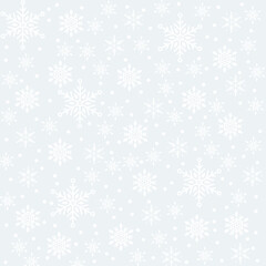 Fototapeta na wymiar Winter Snowflakes Seamless Pattern with white blur. Christmas hand drawn white snow print on gray background. New year texture for print, wrapping paper, design, fabric, decoration, gift, backgrounds