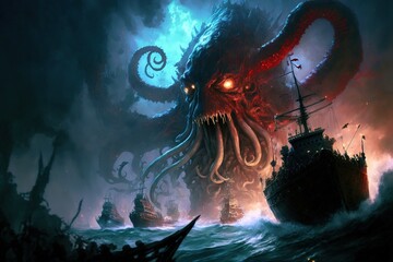 A giant red octopus kraken monster attacking pirate ships in the dark ocean from the sky, generative ai