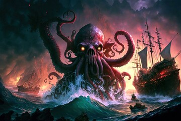 A scary red octopus kraken monster fleeing from a pirate ship in the ocean, generative ai