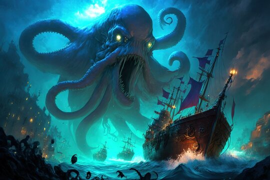 A scary blue giant octopus kraken monster attacking a pirate ship in the dark ocean, generative ai