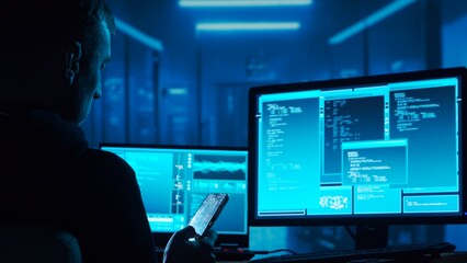 Fototapeta premium Computer Hacker in Hoodie. Obscured Dark Face. Concept of Hacker Attack, Virus Infected Software, Dark Web and Cyber Security.