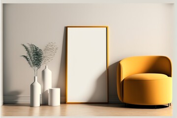 Tonos de muebles cálidos en una casa moderna minimalista, una maqueta de marco de madera vertical vacía sin espacio para copiar y un interior renderizado en 3D