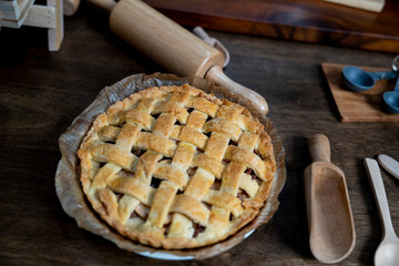Put the apple pie in the pan after the dough is finished baking. home made apple pie