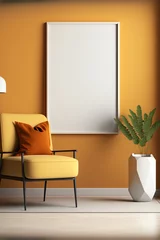 Fotobehang Móveis em tons quentes em uma casa moderna minimalista, uma maquete de moldura de madeira vertical vazia sem espaço para cópia e um interior renderizado em 3D © DurffeeMill