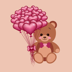 Cute teddy with a bow tie and purple heart shape balls sitting on beige background